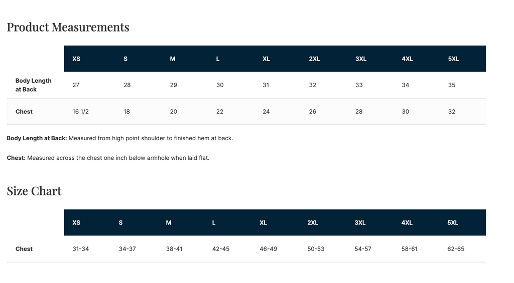 Product measurements chart for body length at back and chest with size labels.