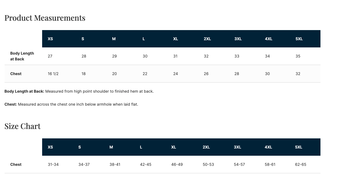 Product measurements chart for body length at back and chest with size labels.